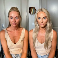 two pictures of a woman before and after makeup