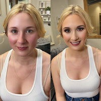 two pictures of a woman before and after makeup